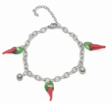 Pulsera tobillera de acero quirurgico eslabon tiff dijes bolitas y aji rojos chiles simil murano 18c